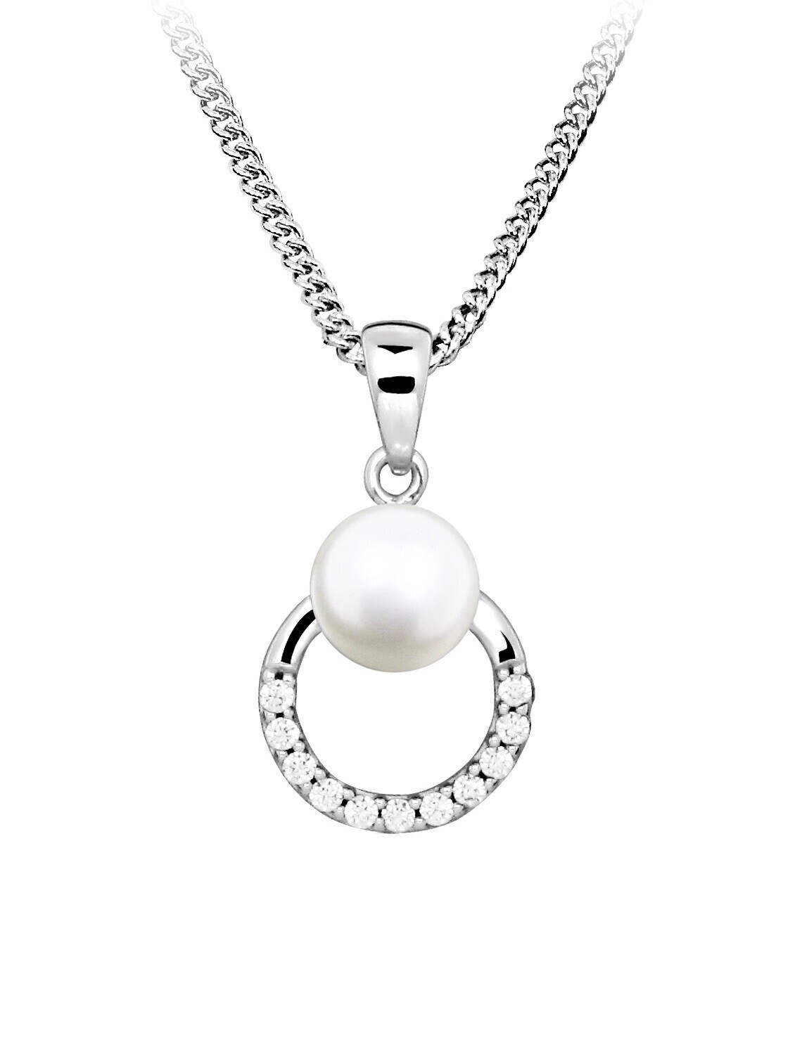 Silver Cat Stříbrný náhrdelník s pravou perlou a zirkony Pearls SC601 (řetízek, přívěsek)