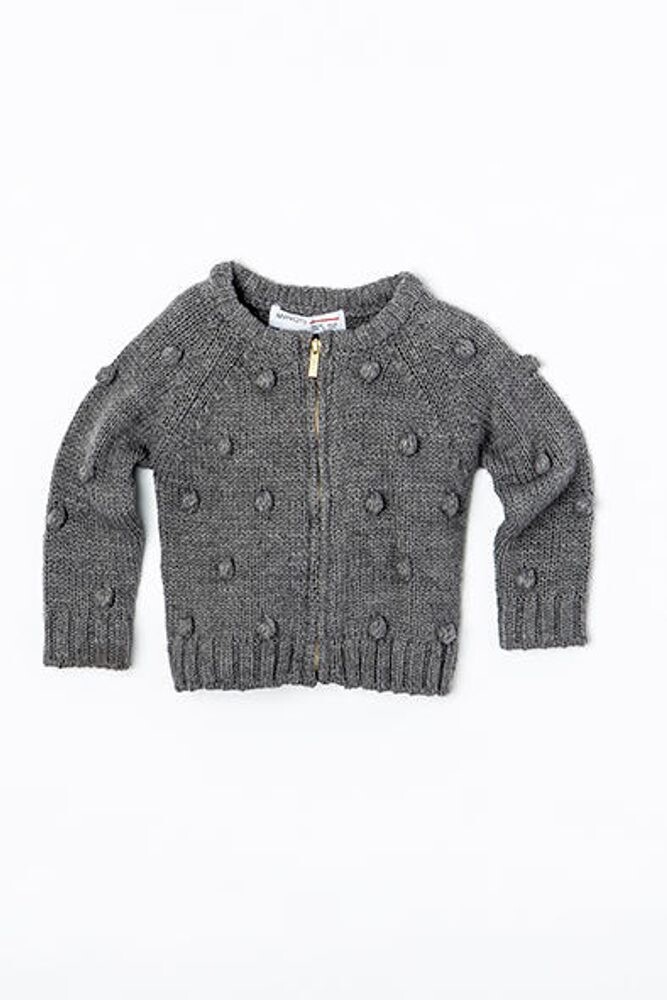 Svetr dívčí celopropínací s bambulkami, Minoti, AUTUMN 5, šedá - 98/104 | 3/4let
