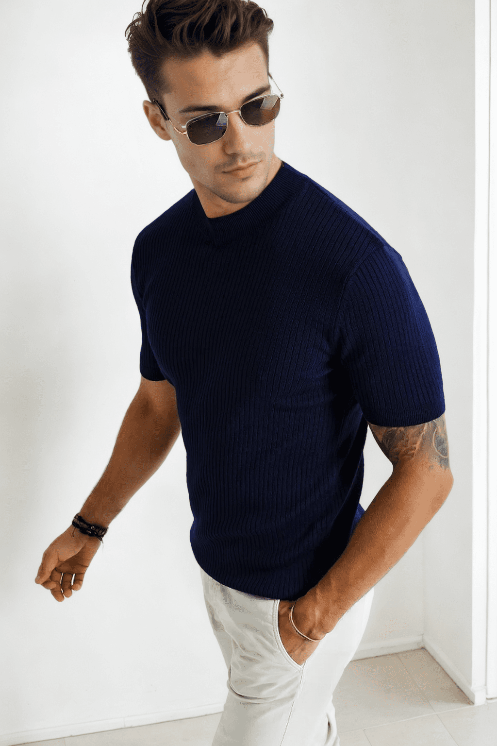 33307 Dewberry Mens Crew Neck Short Sleeve Thin Knit Sweater-NAVY