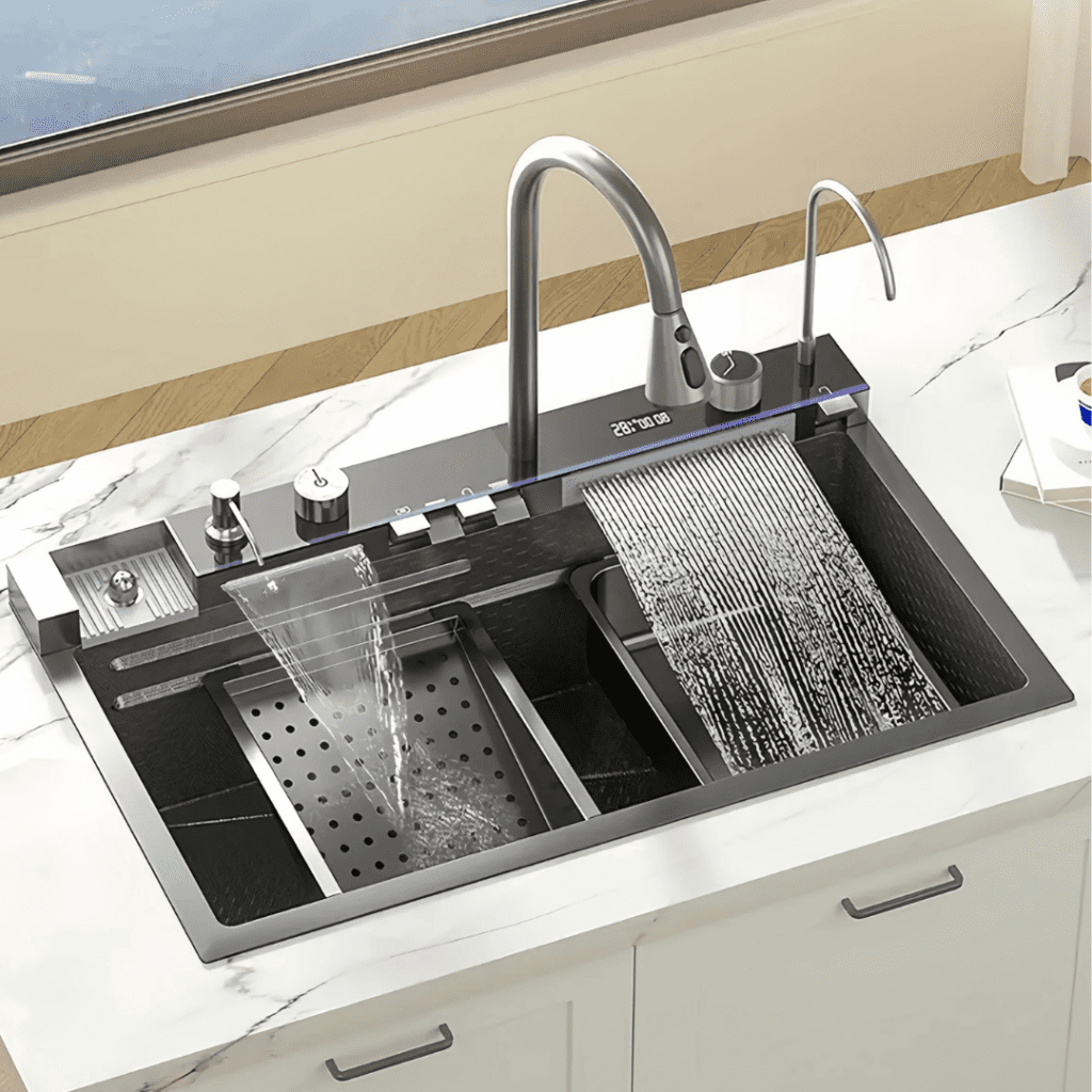 Jednokomorový ocelový dřez s dvojitým vodopádem 75 x 45 cm, PVD grafit, VELAZO VELAZ7545HQ