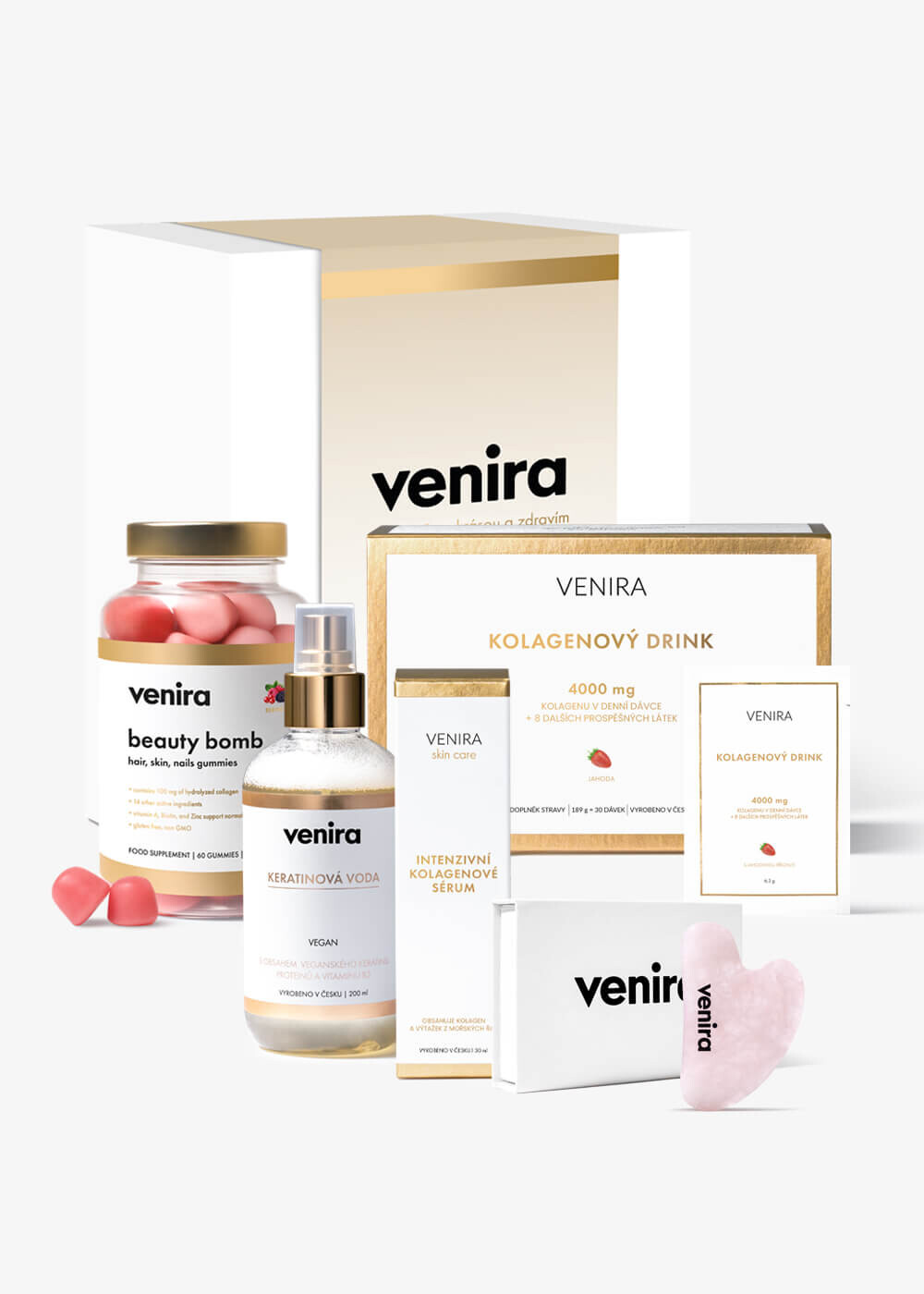VENIRA dárková sada super beauty - beauty bomb, keratinová voda, kolagenové sérum, gua sha kámen, kolagenový drink