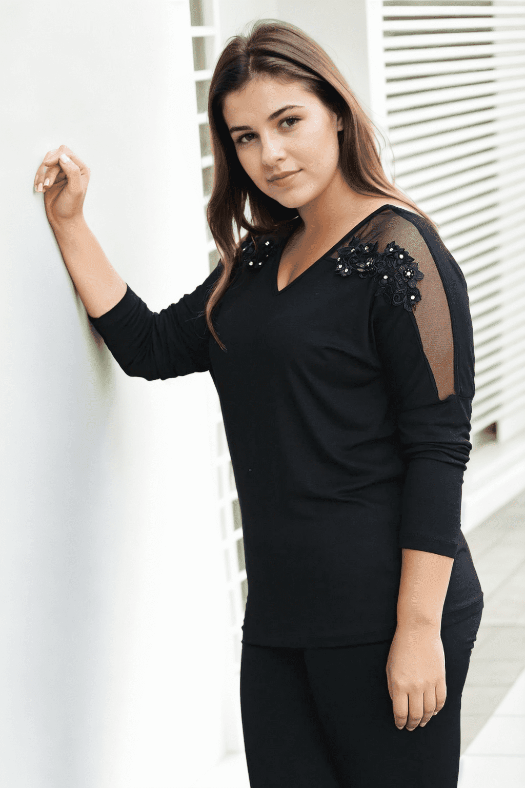 43033 Dewberry Plus Size Off Shoulder Tulle Floral Blouse-BLACK