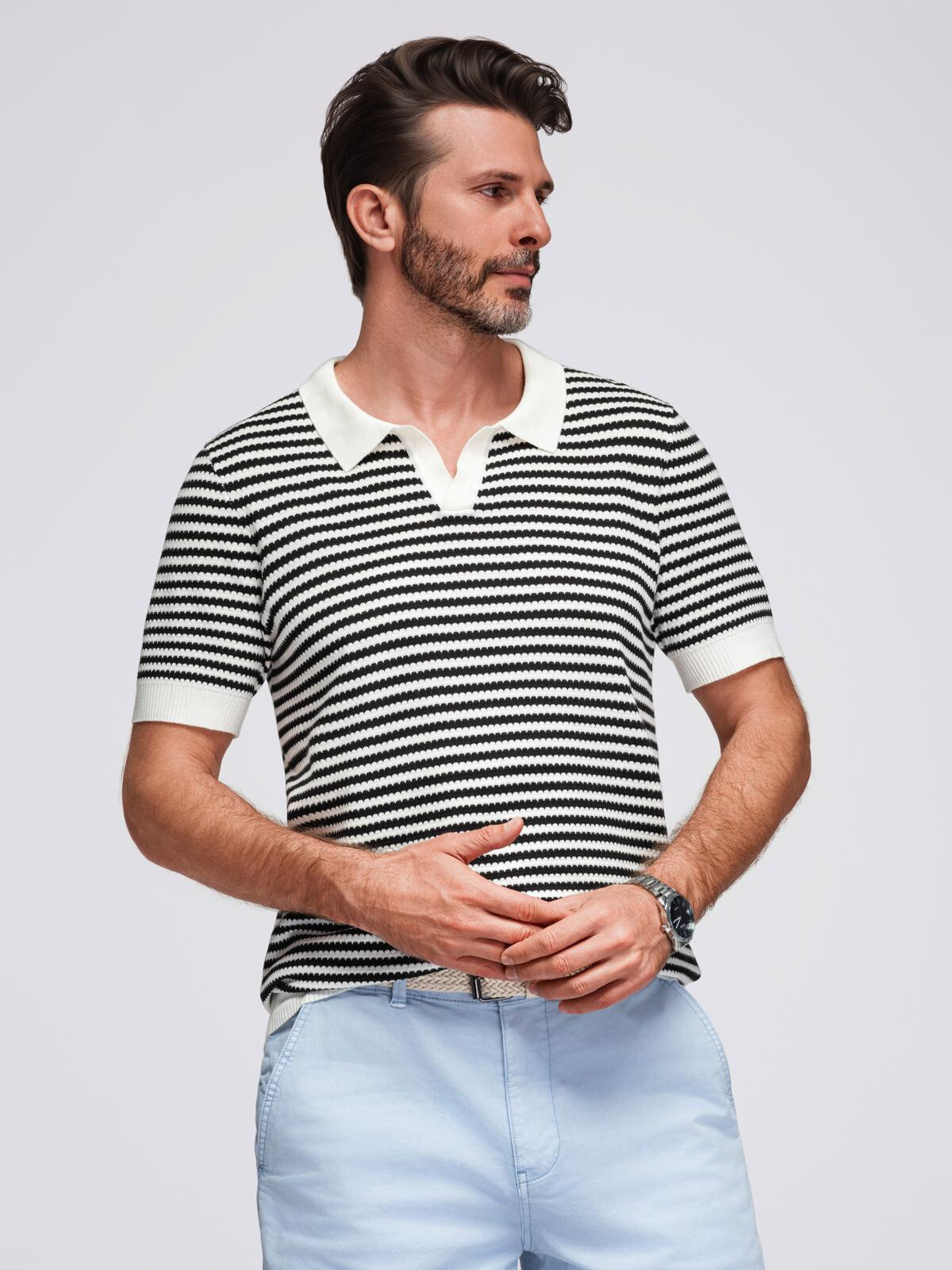 Ombre Men's knitted buttonless polo shirt with navy stripes - black and white
