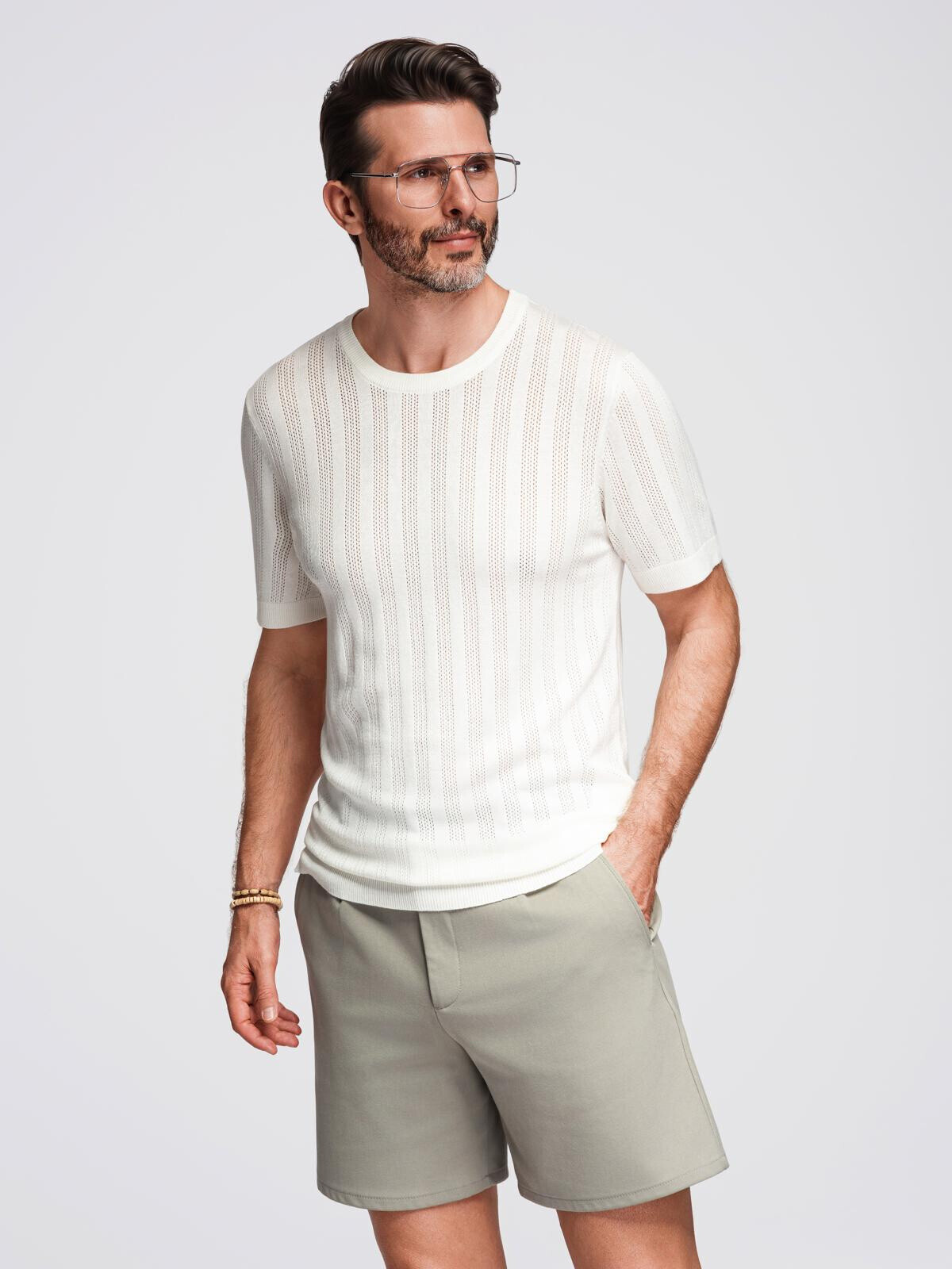 Ombre Men's openwork sweater with round neckline and short sleeves - white