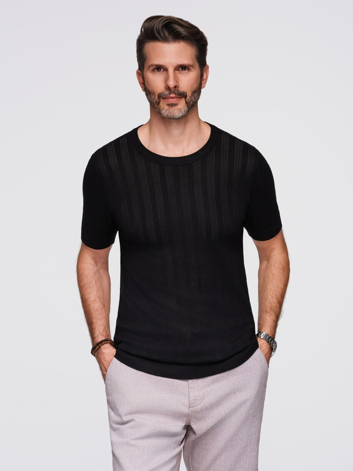 Ombre Men's openwork sweater with round neckline and short sleeves - black