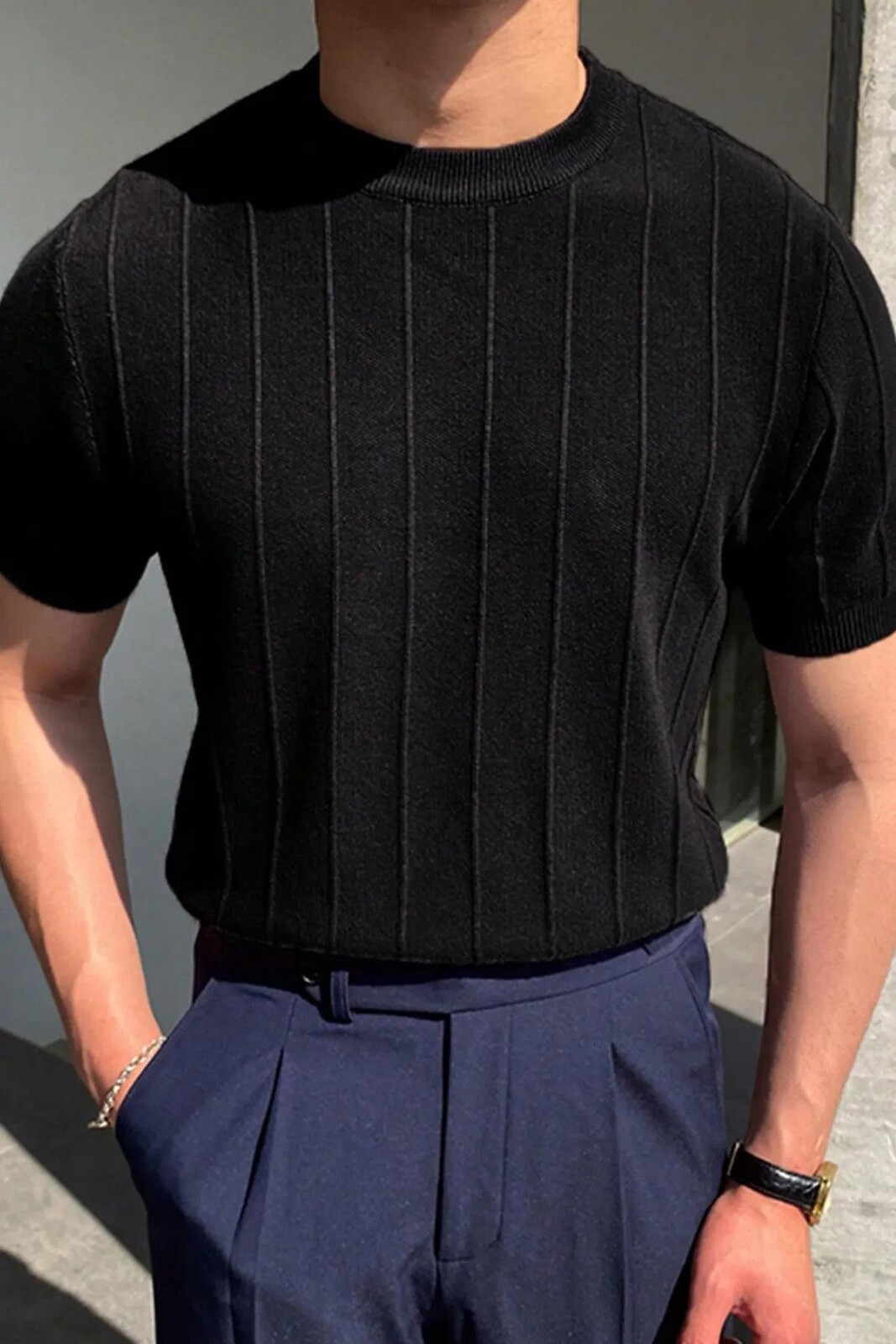 81037 Dewberry Mens Crew Neck Knit T-Shirt-BLACK