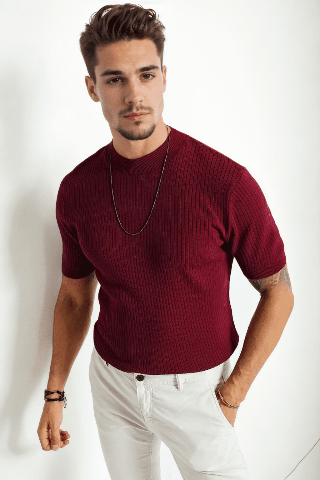 33307 Dewberry Mens Crew Neck Short Sleeve Thin Knit Sweater-BORDEAUX