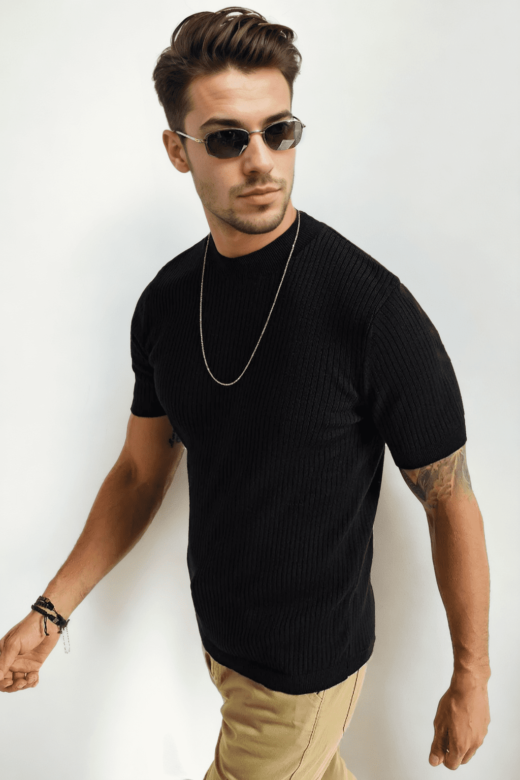 33307 Dewberry Mens Crew Neck Short Sleeve Thin Knit Sweater-BLACK