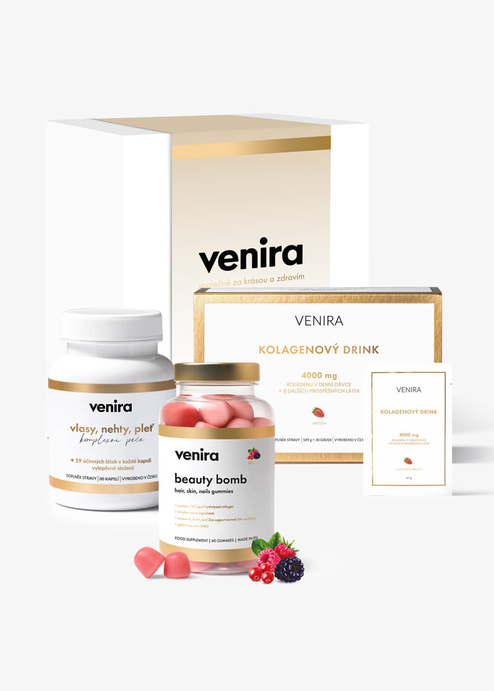 VENIRA dárková sada bestsellers 2024 - kapsle na vlasy, beauty bomb, kolagenový drink