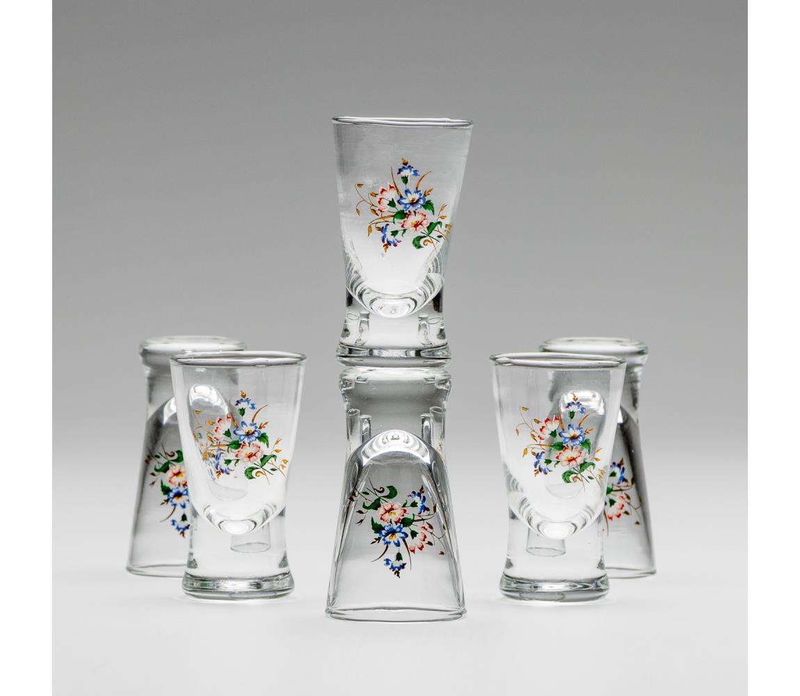 Sada 6x sklenice na panáky čirá s motivem kytice č. 3