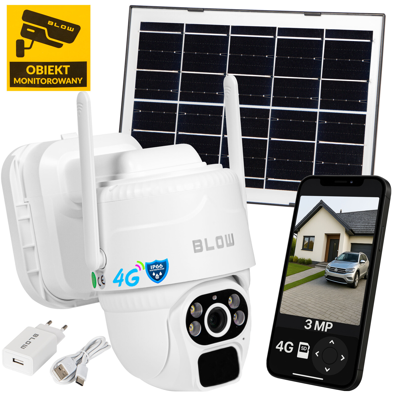 3MP 4G Solární Kamera Lte Sim Gsm Na Venkovní Otočnou Kartu IP66 Pir Led