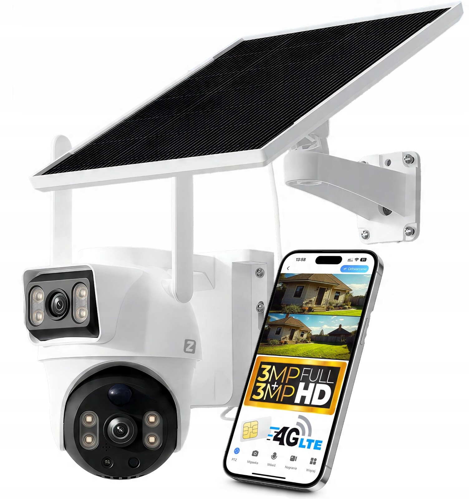 Solární Otočná Kamera 2 Objektivy Na Sim Kartu 4G Lte Gsm 6MPx