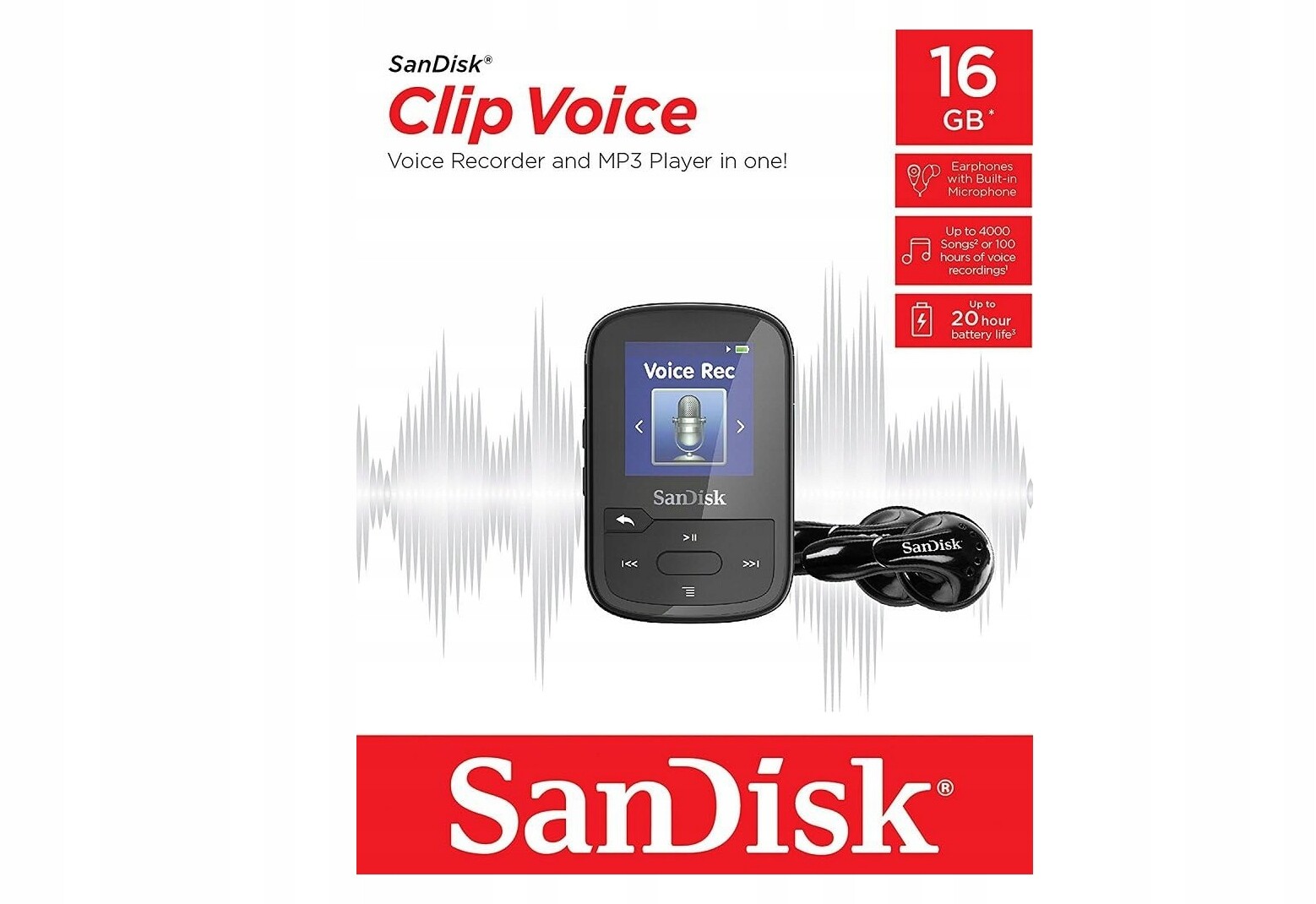 MP3+Voice Recorder SanDisk Clip Voice Clip+ černý 16 Gb