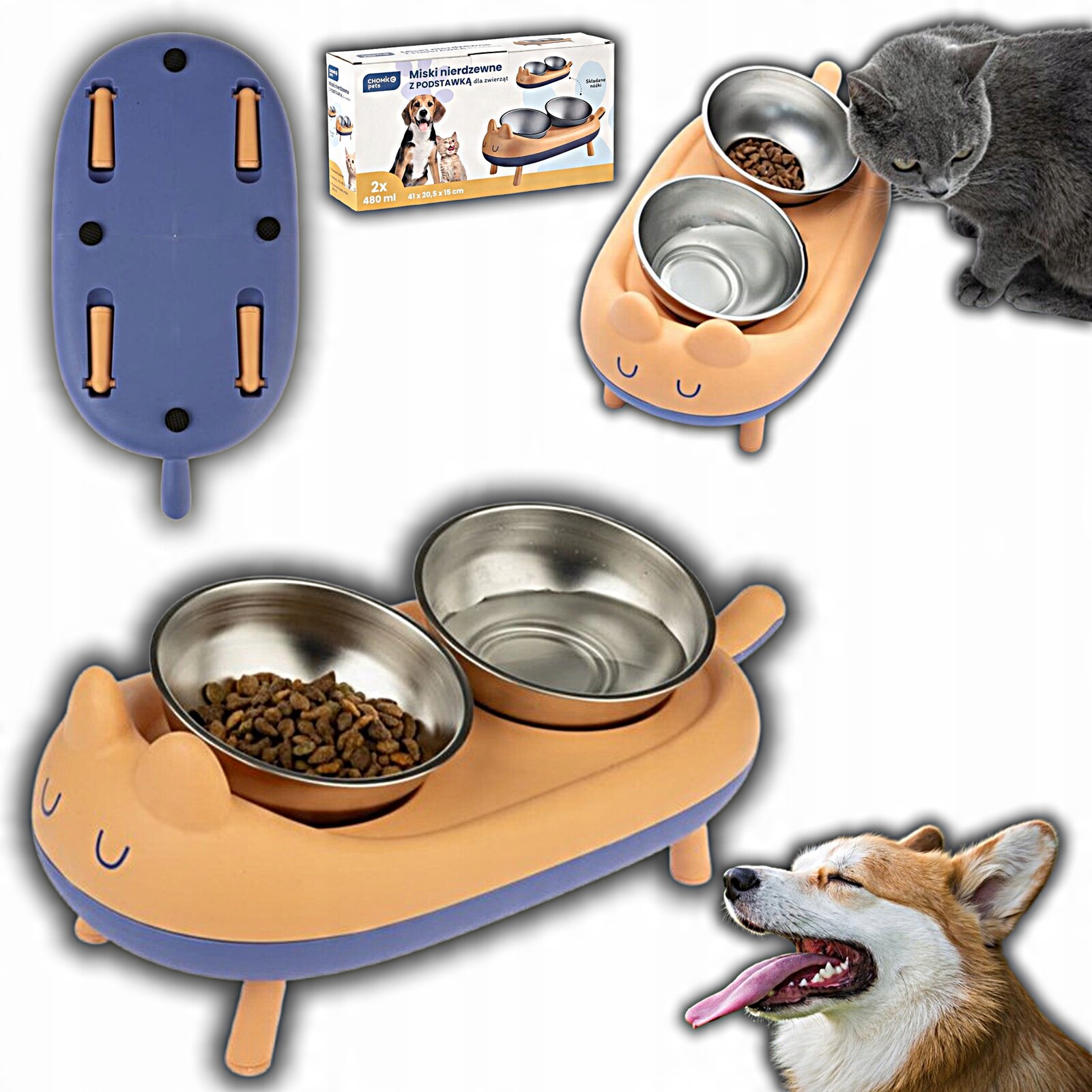 Kompletní Sada Dvou Nerezových Misek Pro Psa Kočku Na Stojanu 41x20x15CM