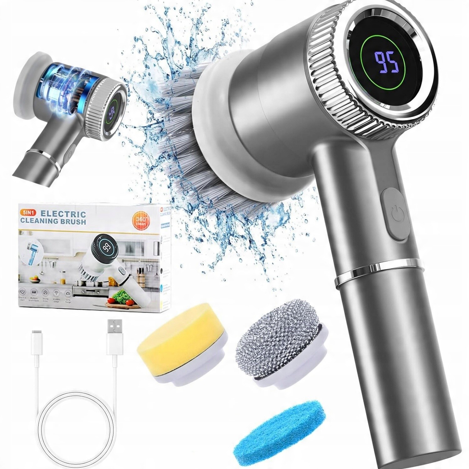 Elektrický čisticí kartáč s 3 rychlostmi, vodotěsný, IPX7, Led displej