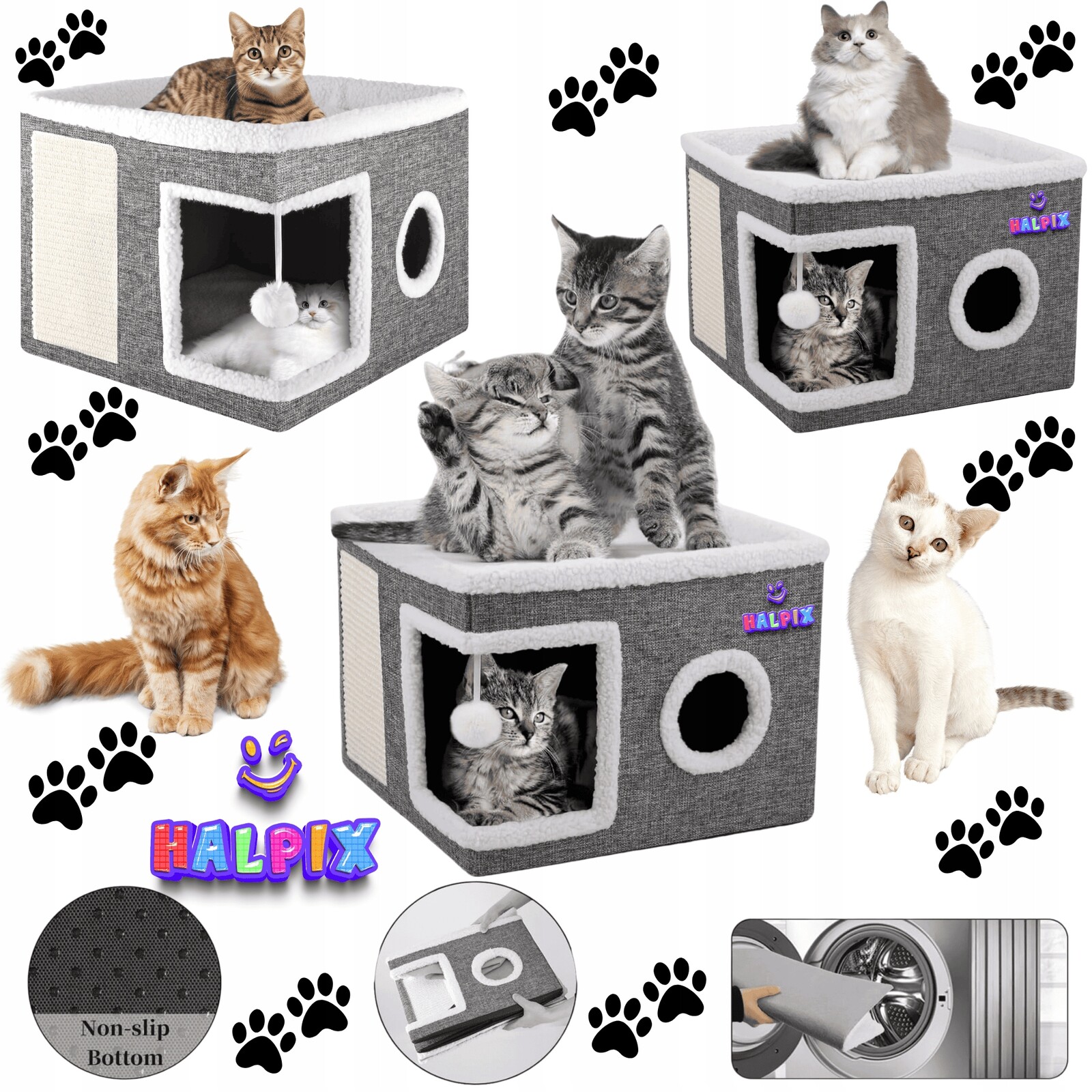 Skládací 2-úrovňový domeček pro kočky, postel a škrabací prkno Halpix