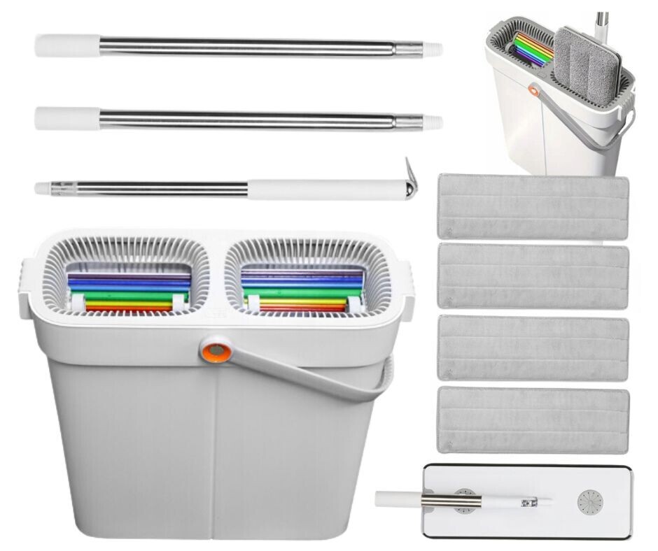 Sada Plochý Mop 33 CM S Dvoukomorovým Kbelíkem Se Ždímačem 4 Utěrky