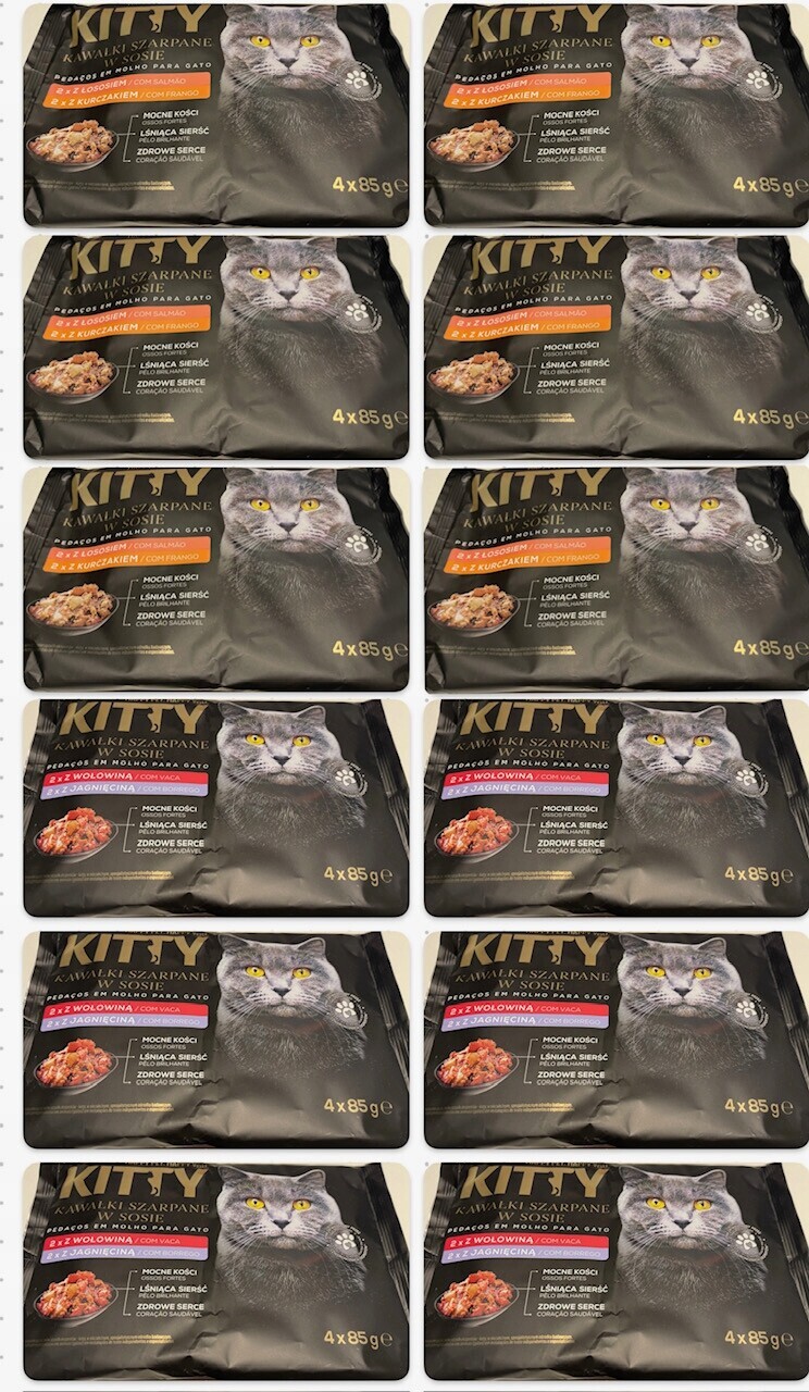 Kitty kousky trhané v omáčce S Lososem A Kuřecím Masem 4x85 g