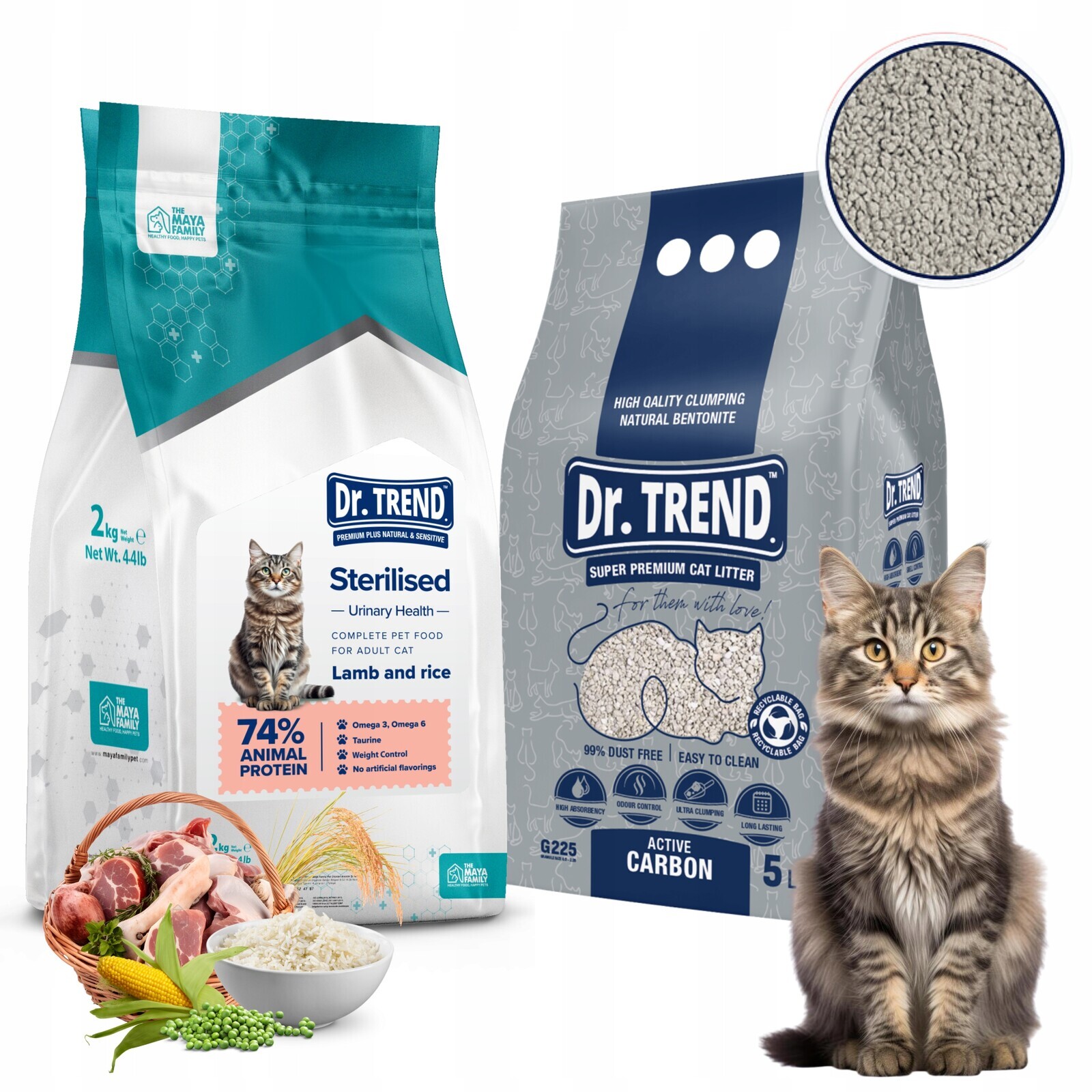 Dr. Trend krmivo krmivo Steril pro kočky Jehněčí A Rýže 2 kg Stelivo 5 L