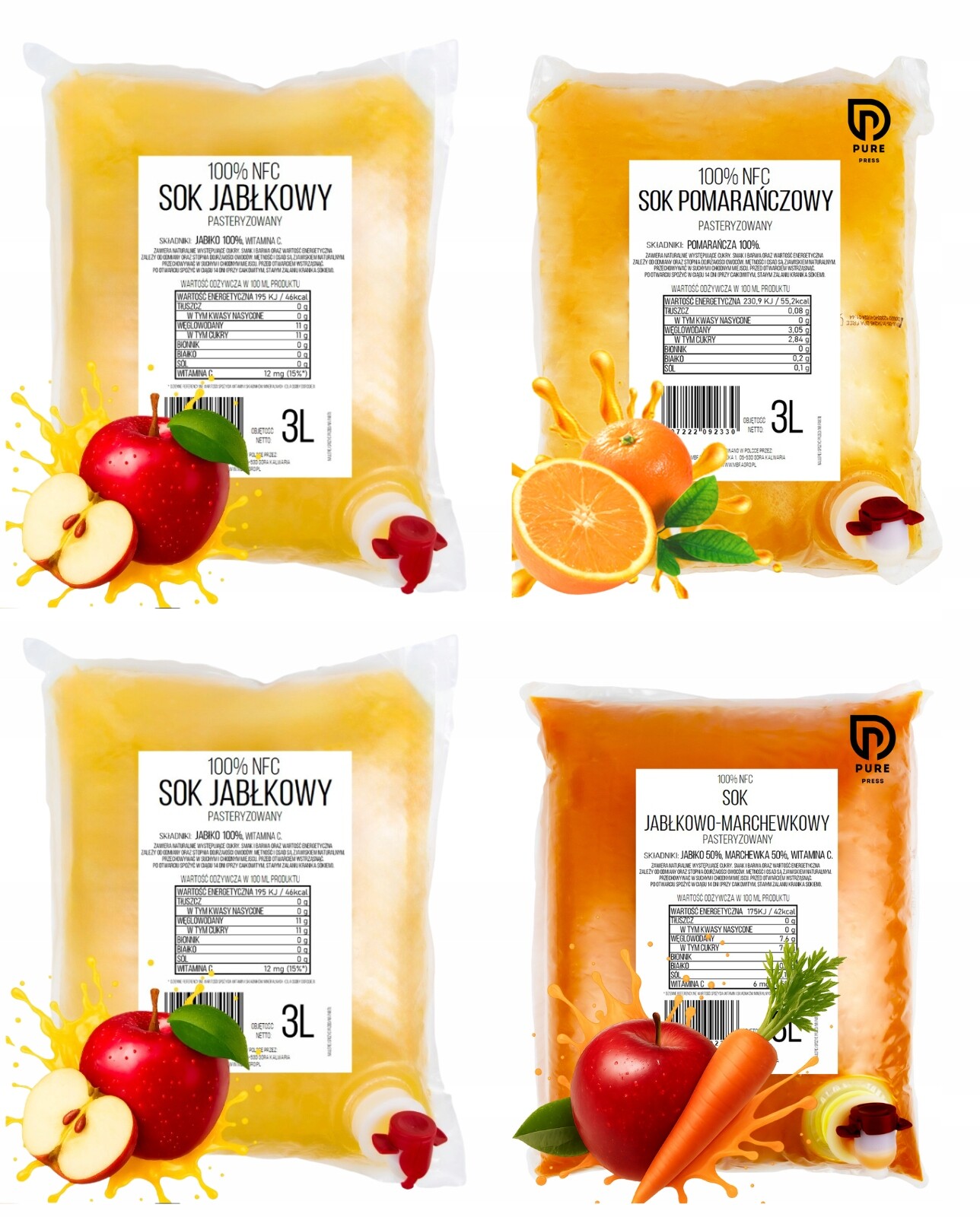 4 x 3L Set Šťávy 100% Nfc Pure Press Jablko, Jablko Mrkev, Pomeranč