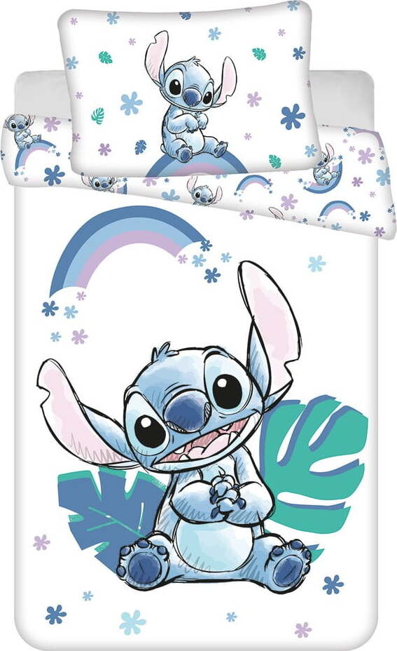 Bílé/modré bavlněné dětské povlečení do postýlky 135x100 cm Lilo and Stitch 