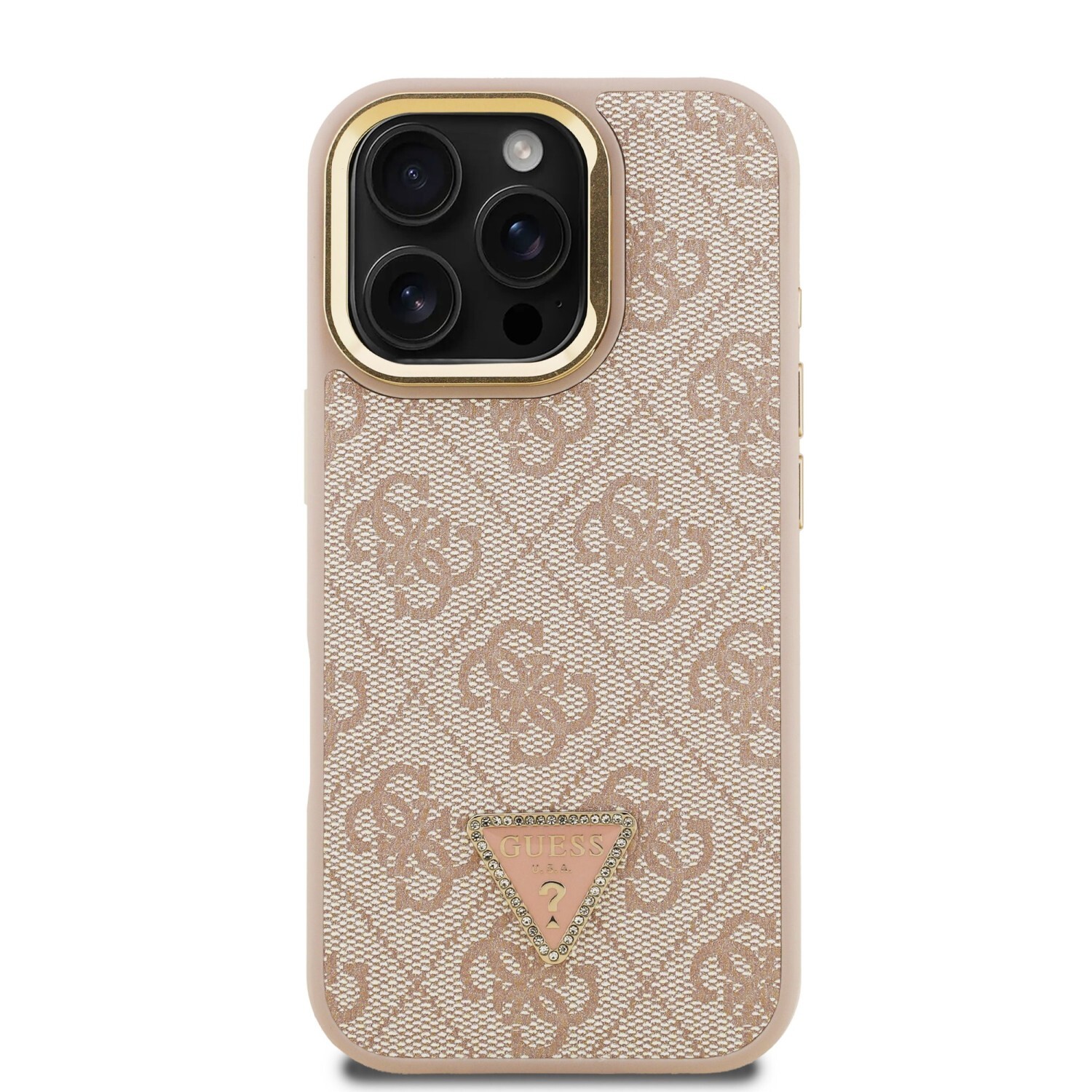 Zadní kryt Guess PU 4G Strass Triangle Logo Stand Camera Frame MagSafe Zadní pro Apple iPhone 16 Pro, růžová
