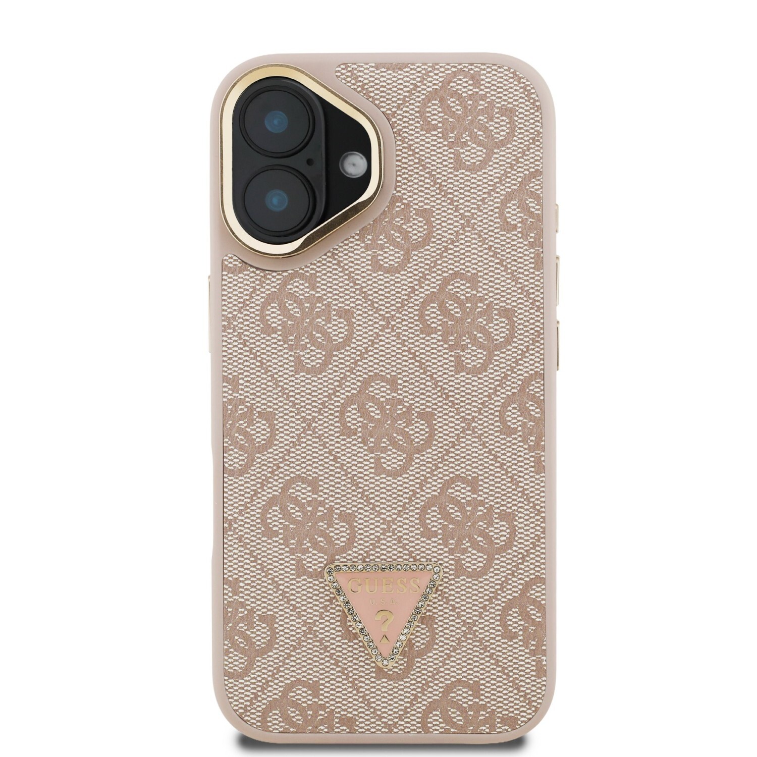 Zadní kryt Guess PU 4G Strass Triangle Logo Stand Camera Frame MagSafe Zadní pro Apple iPhone 16, růžová