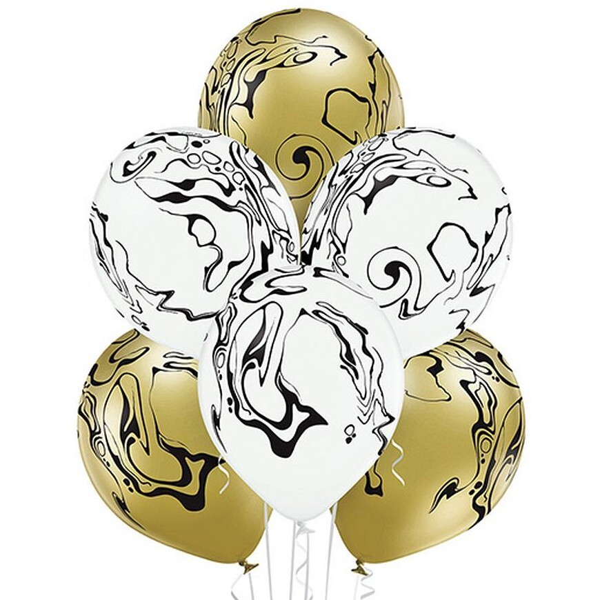 Balónky latexové černý mramor bílo zlatý 30 cm 6 ks