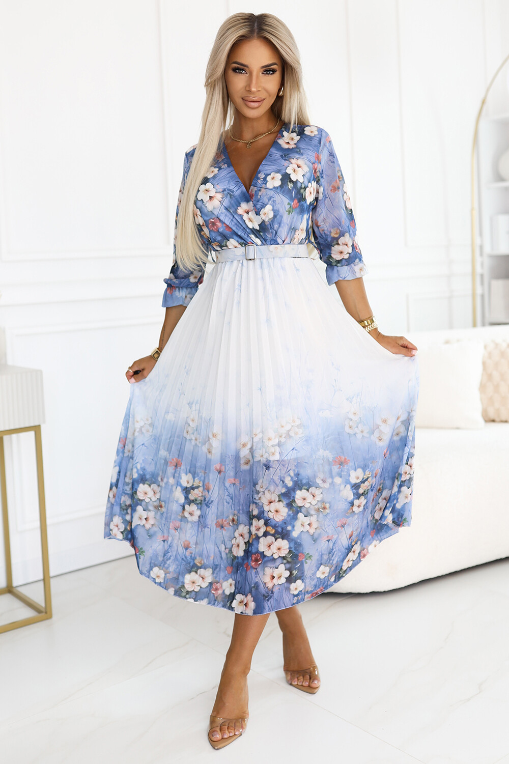 605-1 Feminine airy midi dress with envelope neckline and pleats – light blue with wildflowers