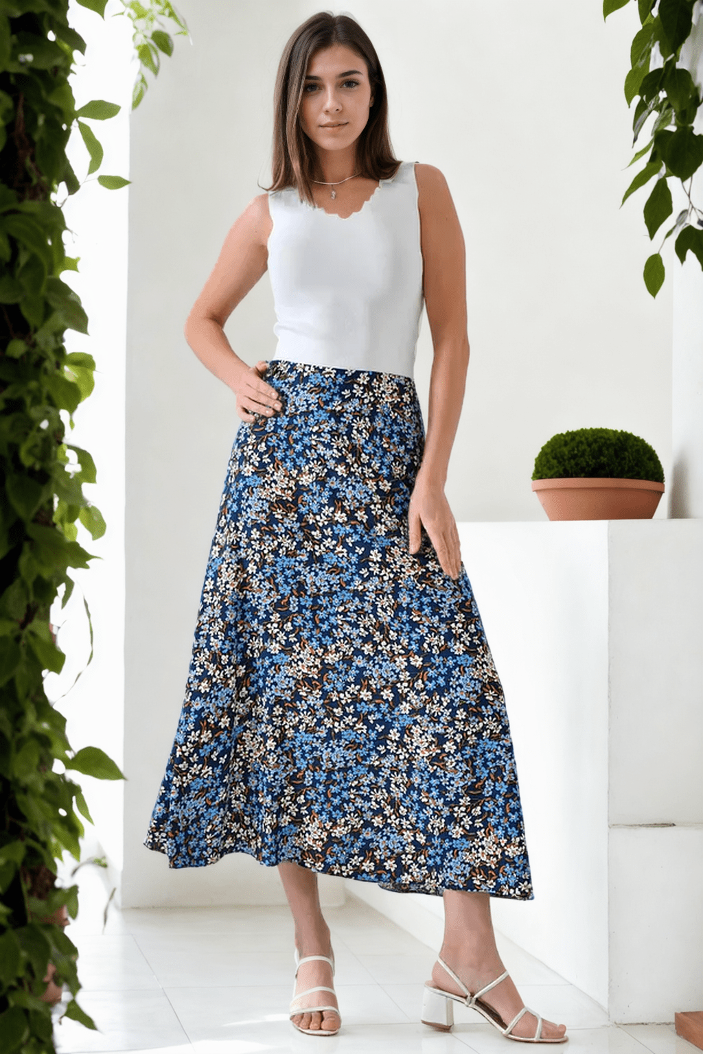 16652 Dewberry Womens Midi Woven Skirt-NAVY BLUE