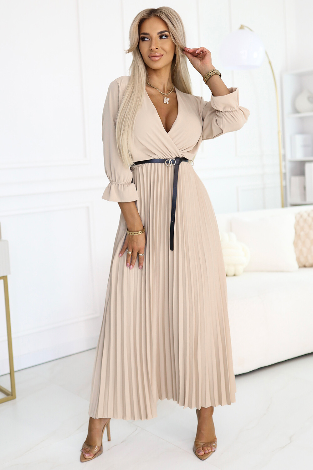 462-5 SERENA Pleated maxi dress with neckline, belt and 3/4 sleeves - DARK BEIGE