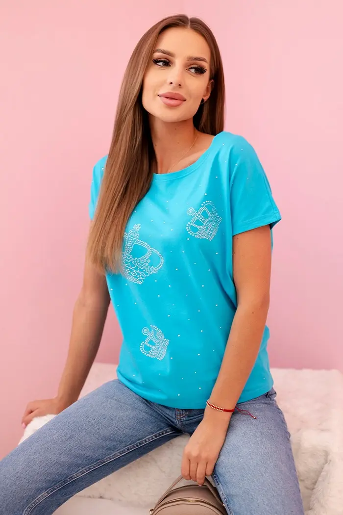 Kesi Dámská blůza s krátkým rukávem a krystaly tyrkysová