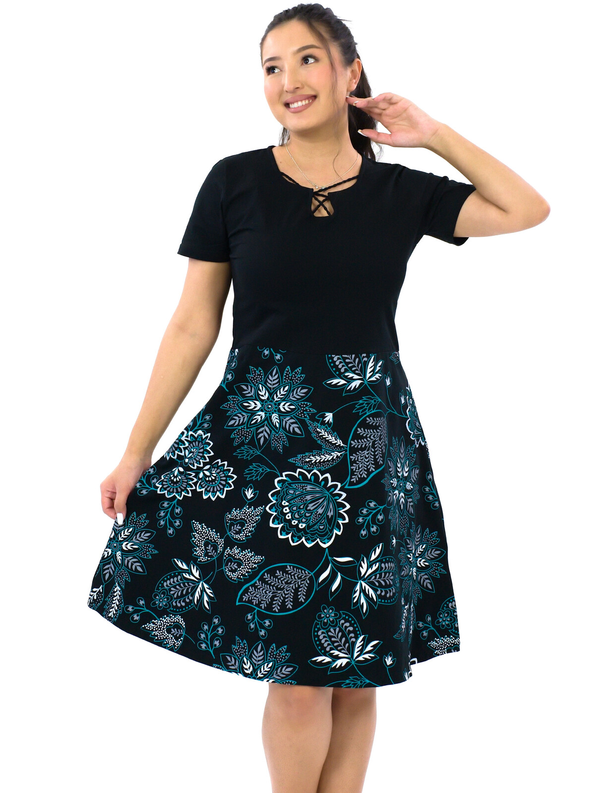 Himalife Šaty s krátkým rukávem Pemba - černá s tyrkysovou Velikost: S/M