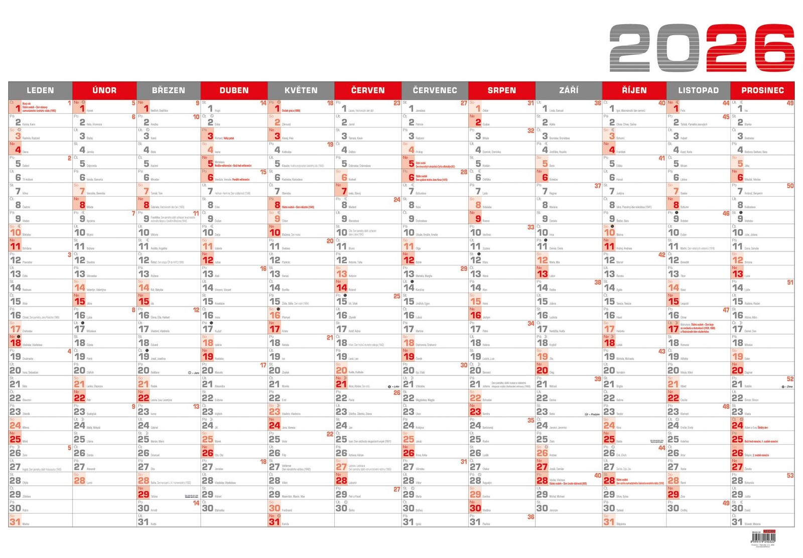 Nástěnný roční červený kalendář 2026