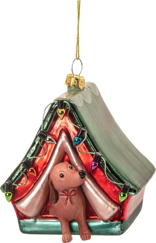 Skleněná ručně vyrobená vánoční ozdoba 9 cm Dog in a Tent – Sass & Belle