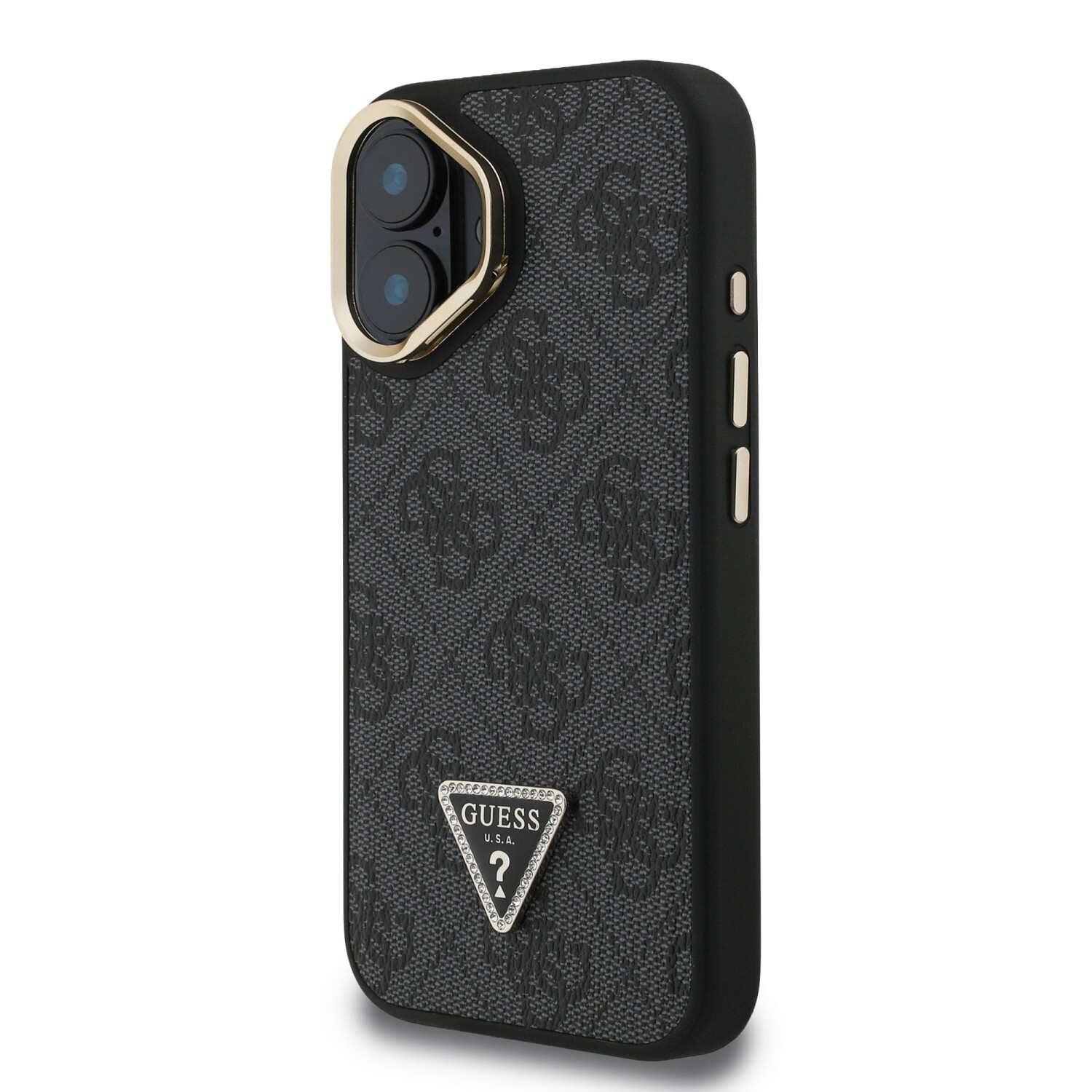 Guess PU 4G Strass Triangle Logo Stand Camera Frame MagSafe Zadní Kryt pro iPhone 16 Black