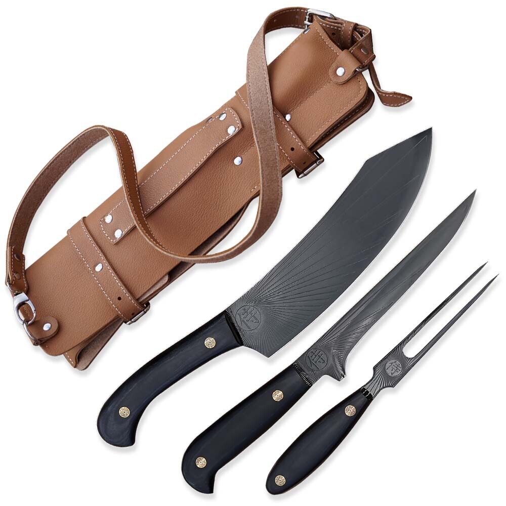 BBQ sada s vidlí Sandvik black Sun 340 mm v kožené brašně