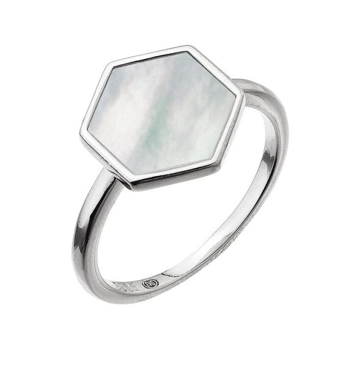 Evolution Group - Pavona Stříbrný prsten Hexagon s bílou perletí 15021.1 54 mm