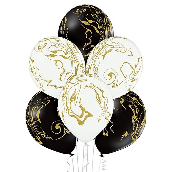 Balónky latexové zlatý mramor bílo-černé 30 cm 6 ks