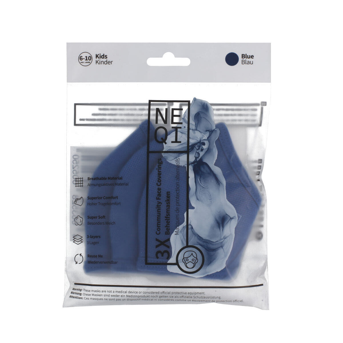 NEQI Kids Community Face Coverings 6-10 Years Blue ochranná rouška 3 ks