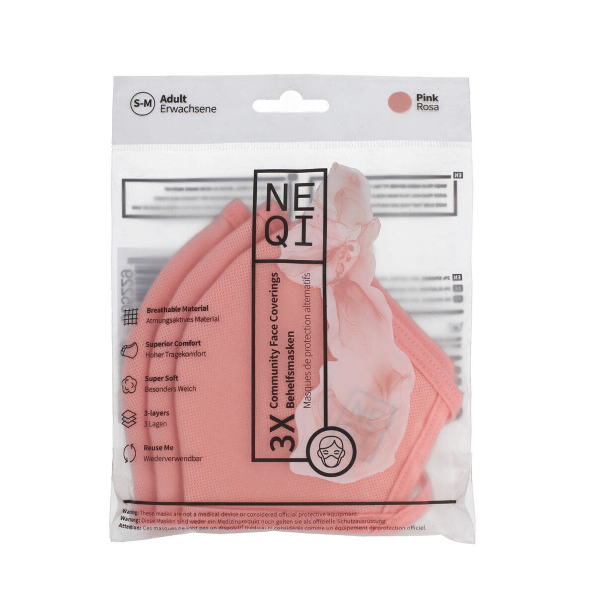 NEQI Adult Community Face Coverings S-M Pink ochranná rouška 3 ks