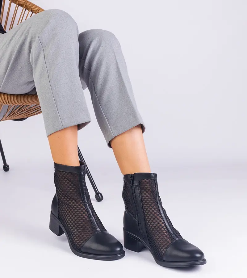 Gemre Black mesh block heel ankle boots Melarka