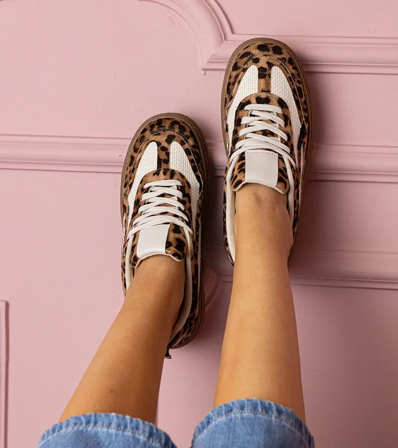 Gemre Camel Leopard Print Sneakers on Thick Soles