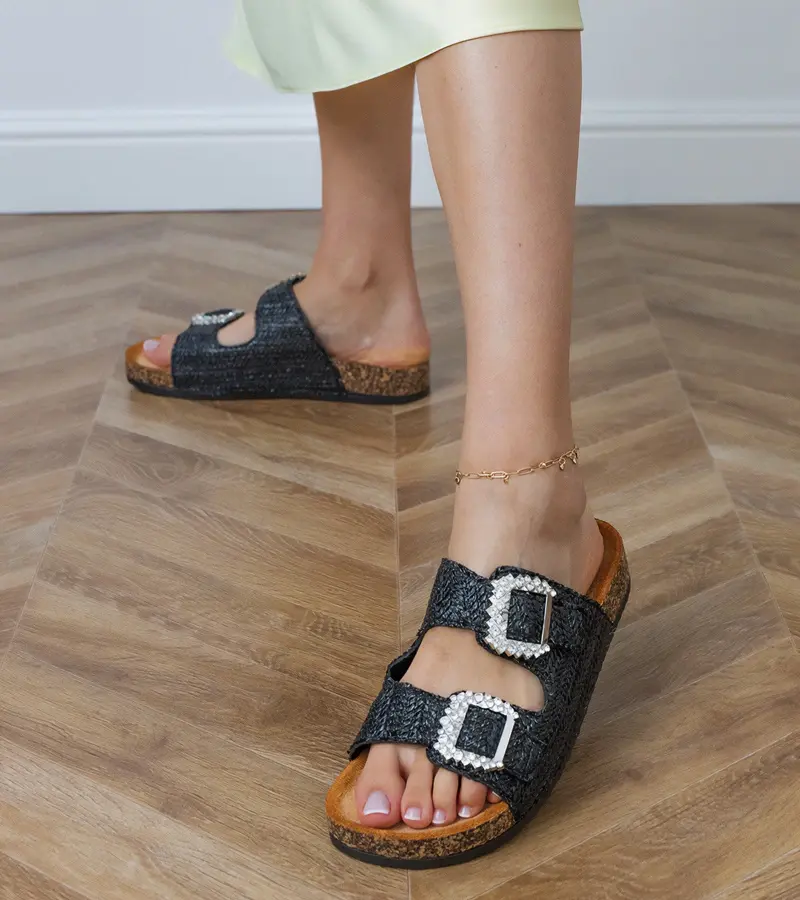 Gemre Black flip-flops on a cork sole with rhinestones on the buckles Tea