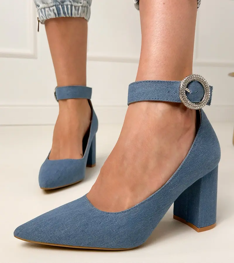 marka niezdefiniowana Denim block heel pumps with buckle and rhinestones Vellus