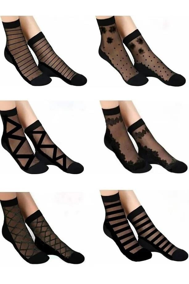03782 Dewberry 6 Piece Womens Black Patterned Tulle Socks-BLACK
