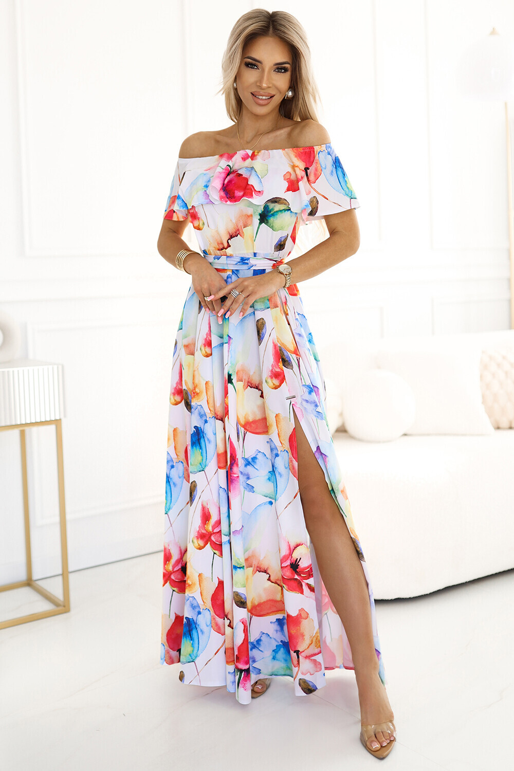 194-5 Long summer dress with a belt - colorful flower pattern ?