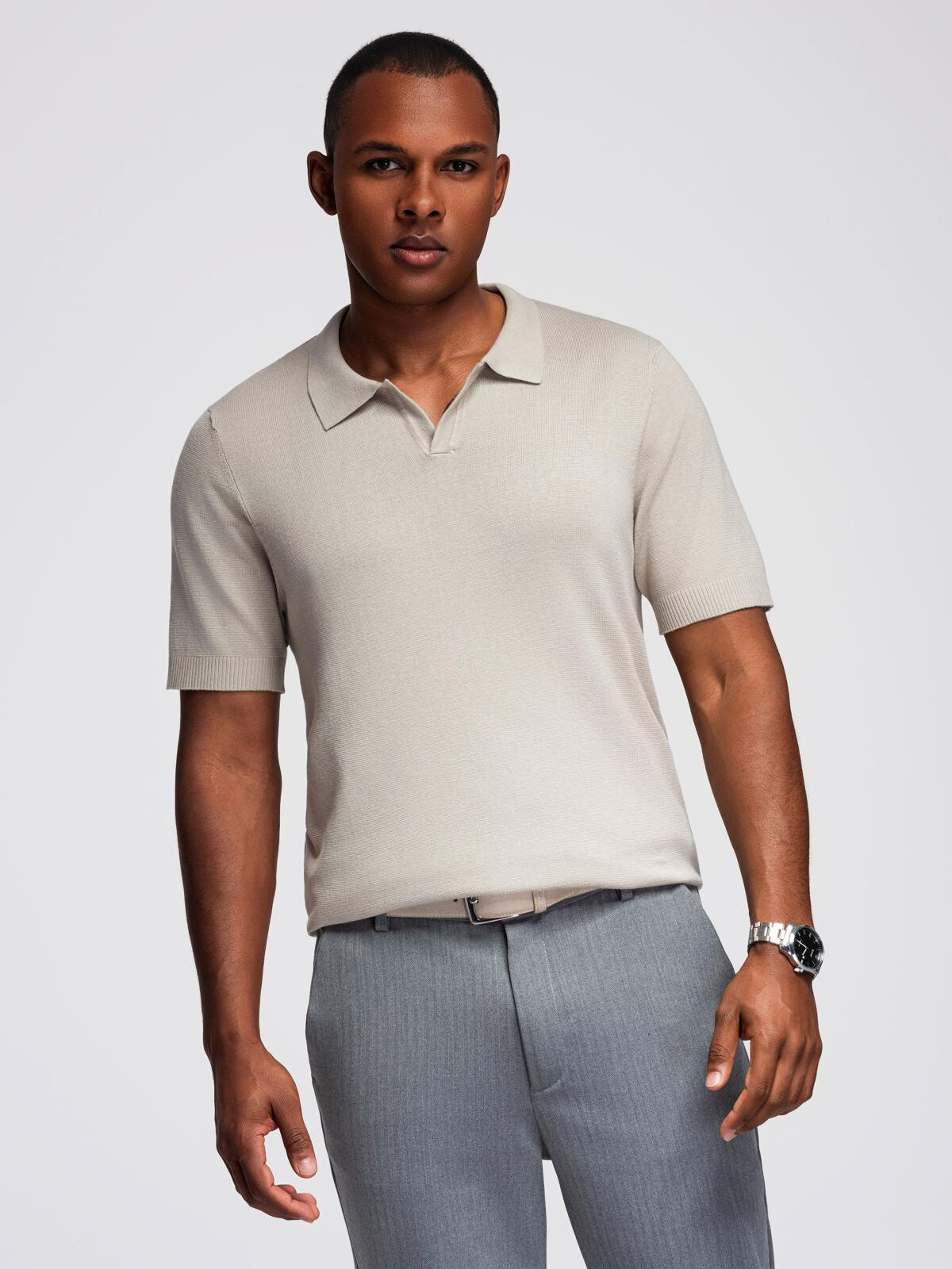 Ombre Men's buttonless polo shirt with classic weave - light grey