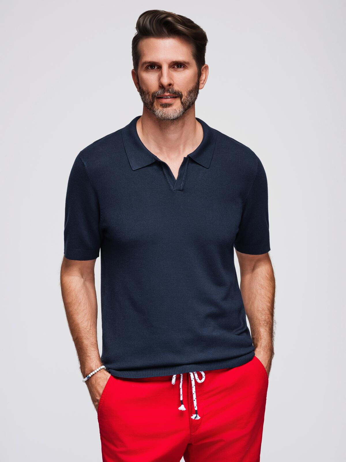 Ombre Men's buttonless polo shirt with classic weave - navy blue