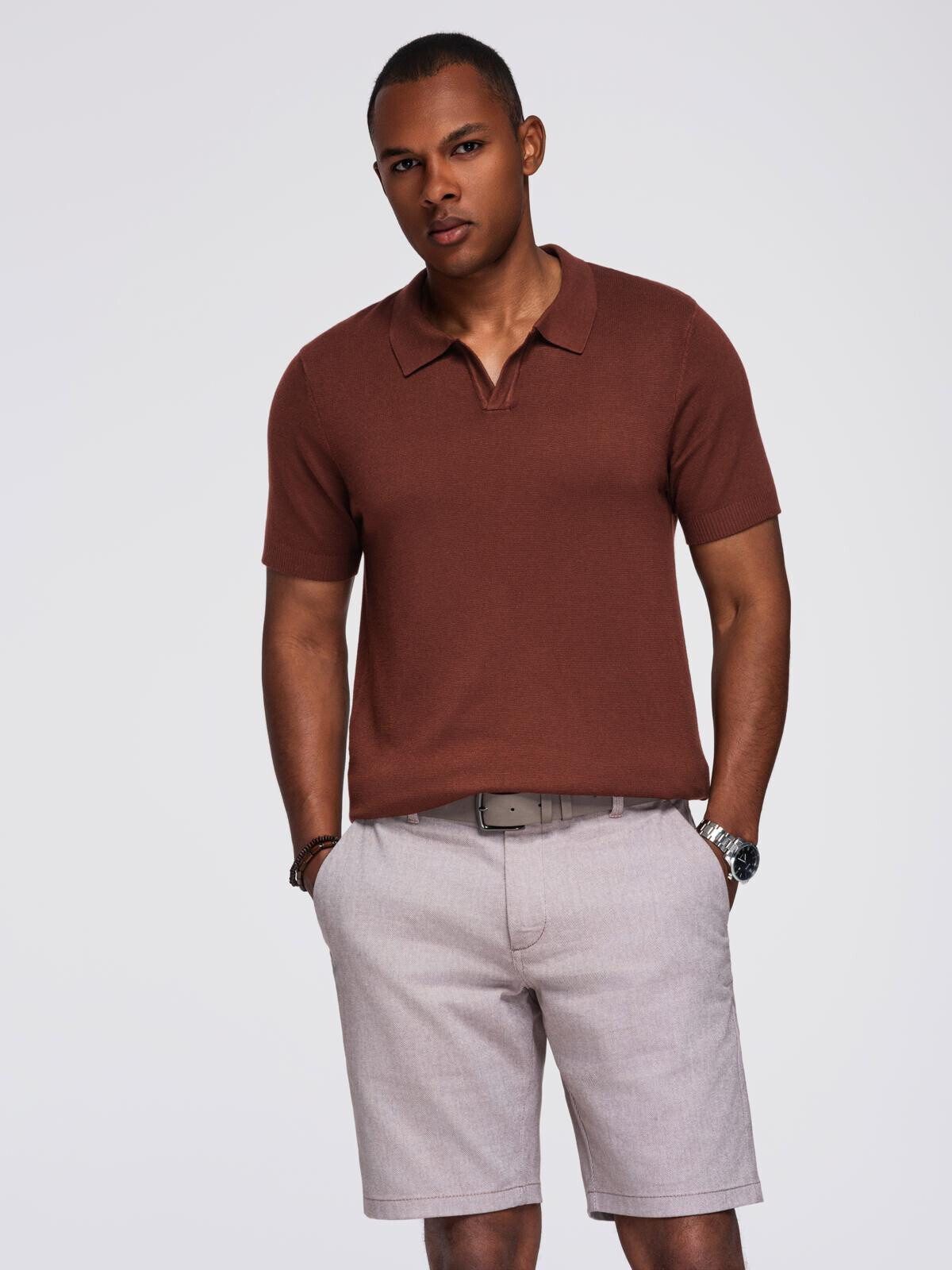 Ombre Men's buttonless polo shirt with classic weave - dark brown